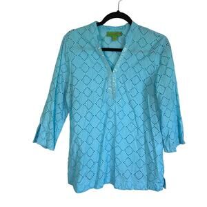 Island Republic Blue Eyelet Cotton Blouse Tunic Beaded Sequin Detail Size Large